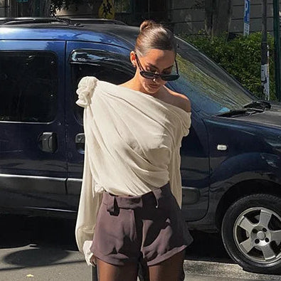 See Through Pullover Blouse with Floral Applique