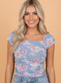 Floral Mesh Square Neck Cap Sleeve Ruched Top