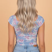 Floral Mesh Square Neck Cap Sleeve Ruched Top