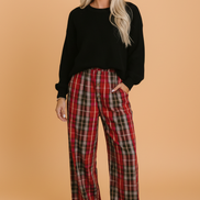 Plaid Buttoned Elastic Waist Wide Leg Pants