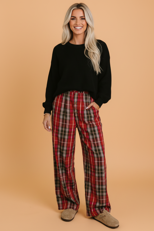 Plaid Buttoned Elastic Waist Wide Leg Pants