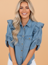 Solid Denim Ruffle Puff Sleeve Buttoned Shirt