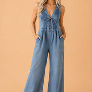 Acid Wash Denim Pleated Tie V-Neck Jumpsuit