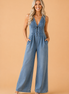 Acid Wash Denim Pleated Tie V-Neck Jumpsuit