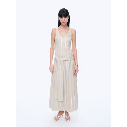 "Milan Holiday" Silver Striped Linen V-Neck Drape Dress