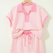 Stripe Colorblock Polo Tee & Drawstring Skort Set