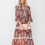 Floral Boho Belted Stripe Trim Tiered Midi Dress