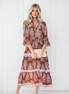 Floral Boho Belted Stripe Trim Tiered Midi Dress
