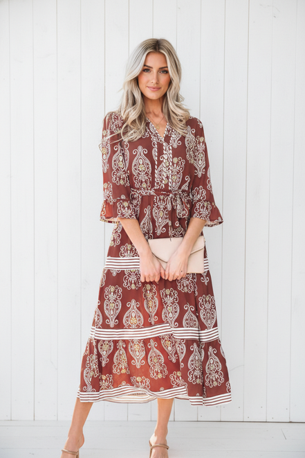 Floral Boho Belted Stripe Trim Tiered Midi Dress