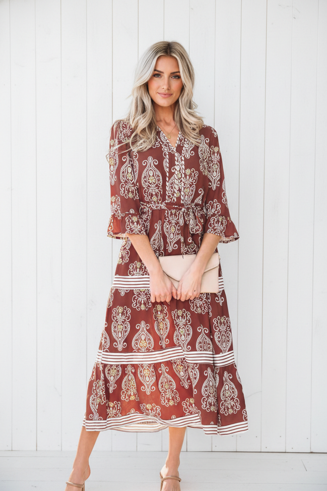 Floral Boho Belted Stripe Trim Tiered Midi Dress