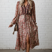 Floral Frilled V-Neck Split Front Tiered Midi Dress