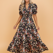 Floral V-Neck Pleated Tiered Maxi Dress