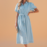 Solid Denim Collared Bubble Sleeve Buttoned Midi Dress