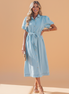 Solid Denim Collared Bubble Sleeve Buttoned Midi Dress