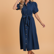 Solid Denim Collared Bubble Sleeve Buttoned Midi Dress