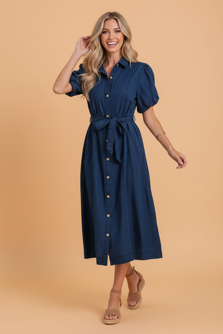 Solid Denim Collared Bubble Sleeve Buttoned Midi Dress