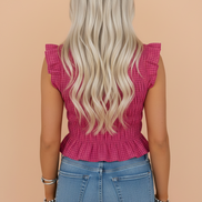 Gingham Shirred Ruffle Trim Tank Top