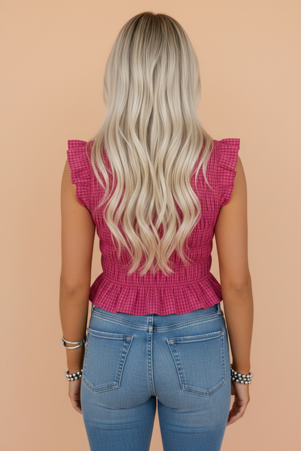 Gingham Shirred Ruffle Trim Tank Top