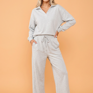Solid V-Neck Top & High Waist Pants Set