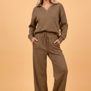 Solid V-Neck Top & High Waist Pants Set
