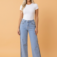 Denim Frayed Raw Edge Stripe Side Panel Jeans