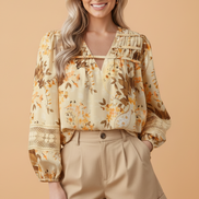 Paisley Lace Patchwork Long Sleeve V-Neck Blouse