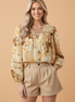 Paisley Lace Patchwork Long Sleeve V-Neck Blouse