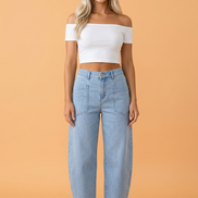 Solid Denim Square Patch Pocket Ankle Length Barrel Jeans