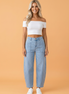 Solid Denim Square Patch Pocket Ankle Length Barrel Jeans