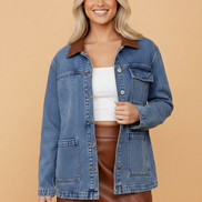 Denim Leather Collar Pocketed Button Front Jacket
