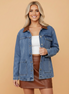 Denim Leather Collar Pocketed Button Front Jacket