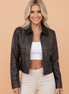 Leopard Colorblock Collar Faux Leather Zip Up Jacket