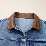 Denim Leather Collar Pocketed Button Front Jacket