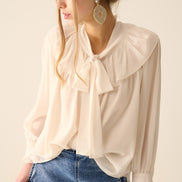 Beige Chiffon Blouse With Bow Detail