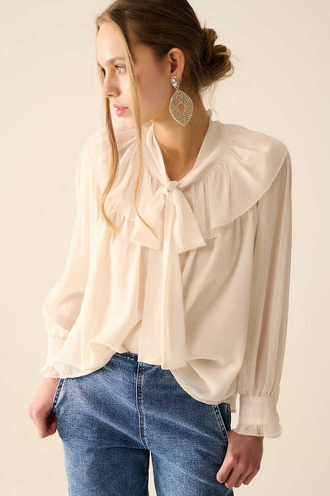 Beige Chiffon Blouse With Bow Detail