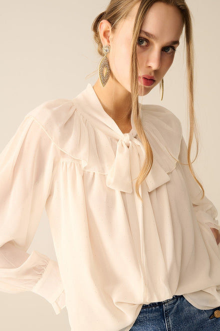 Beige Chiffon Blouse With Bow Detail