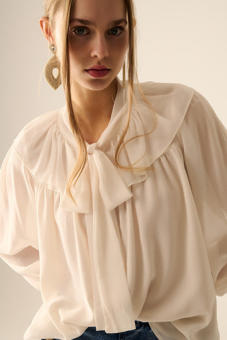 Beige Chiffon Blouse With Bow Detail