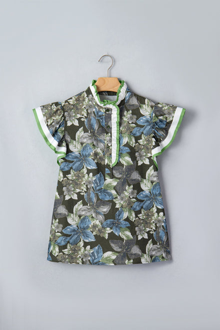 Floral Ruffle Short Sleeve Half Buttoned Blouse