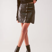 Button Through Mini Skirt in Black