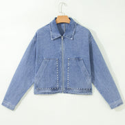 Denim Studded Pockets Zip-Up Long Sleeve Jacket