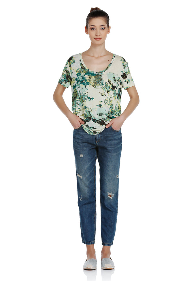 Floral Printed Linen Blend T-Shirt