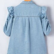 Solid Denim Ruffle Puff Sleeve Buttoned Shirt