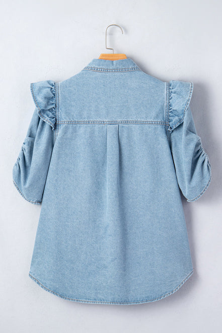 Solid Denim Ruffle Puff Sleeve Buttoned Shirt