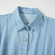 Solid Denim Collared Bubble Sleeve Buttoned Midi Dress