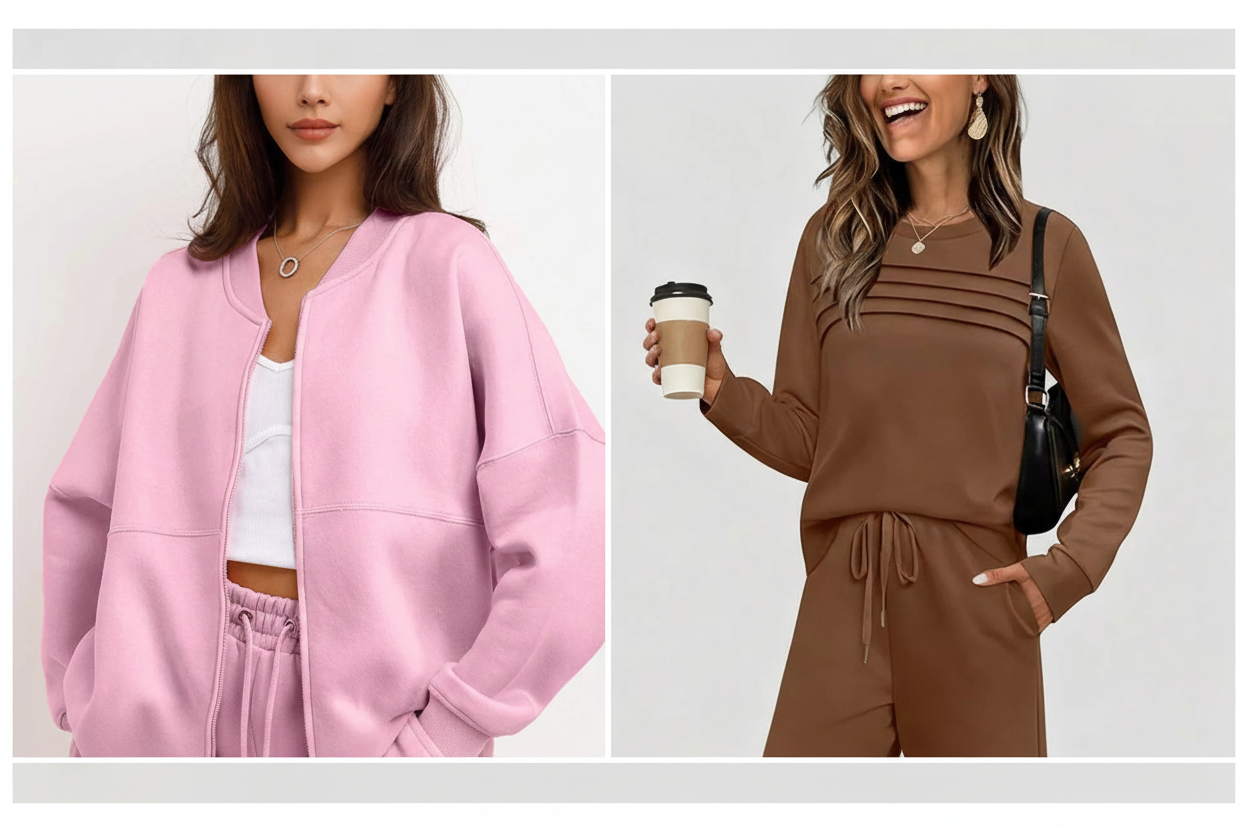 Centered collection banner with pink and brown outfits