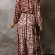 Floral Frilled V-Neck Split Front Tiered Midi Dress