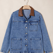 Denim Leather Collar Pocketed Button Front Jacket
