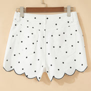 Polka Dot Denim Embroidered Scallop Hem Shorts