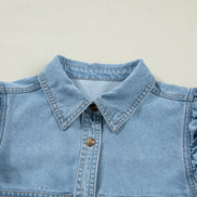 Solid Denim Ruffle Puff Sleeve Buttoned Shirt
