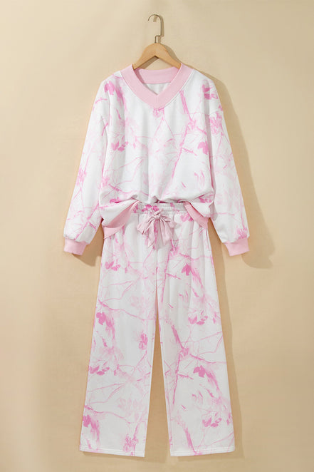 Camo V-Neck Long Sleeve Top & Pants Set